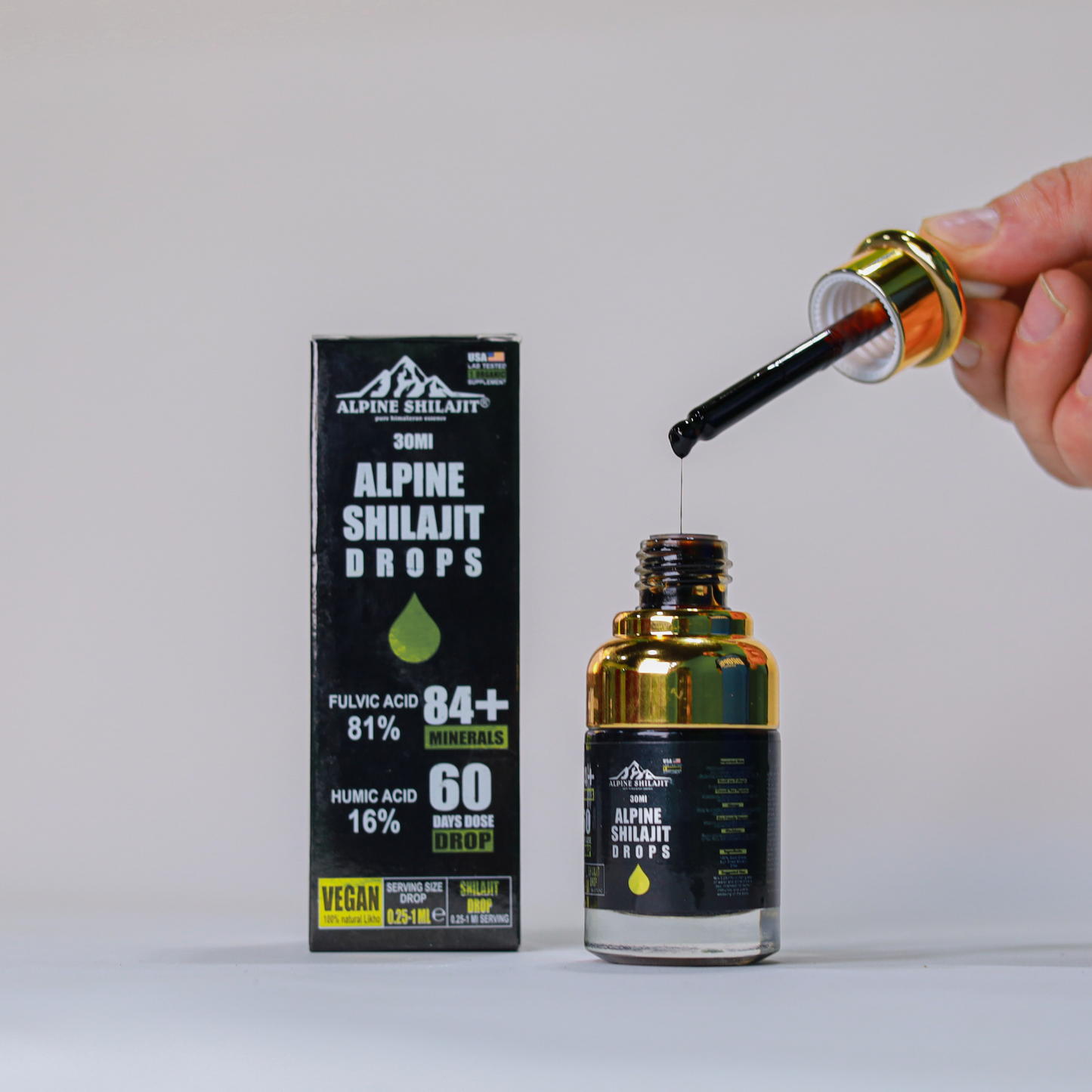 Alpine Himalayan Shilajit Drops Gold Grade 30ml Sun-Dried 85+ Minerals 70% Fulvi