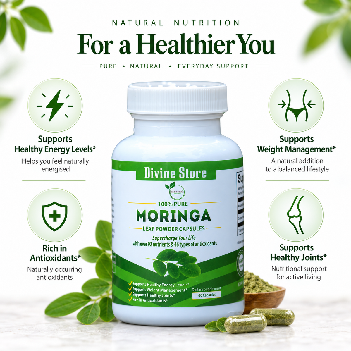 Organic Moringa Leaf Powder Capsules | 60 Capsules