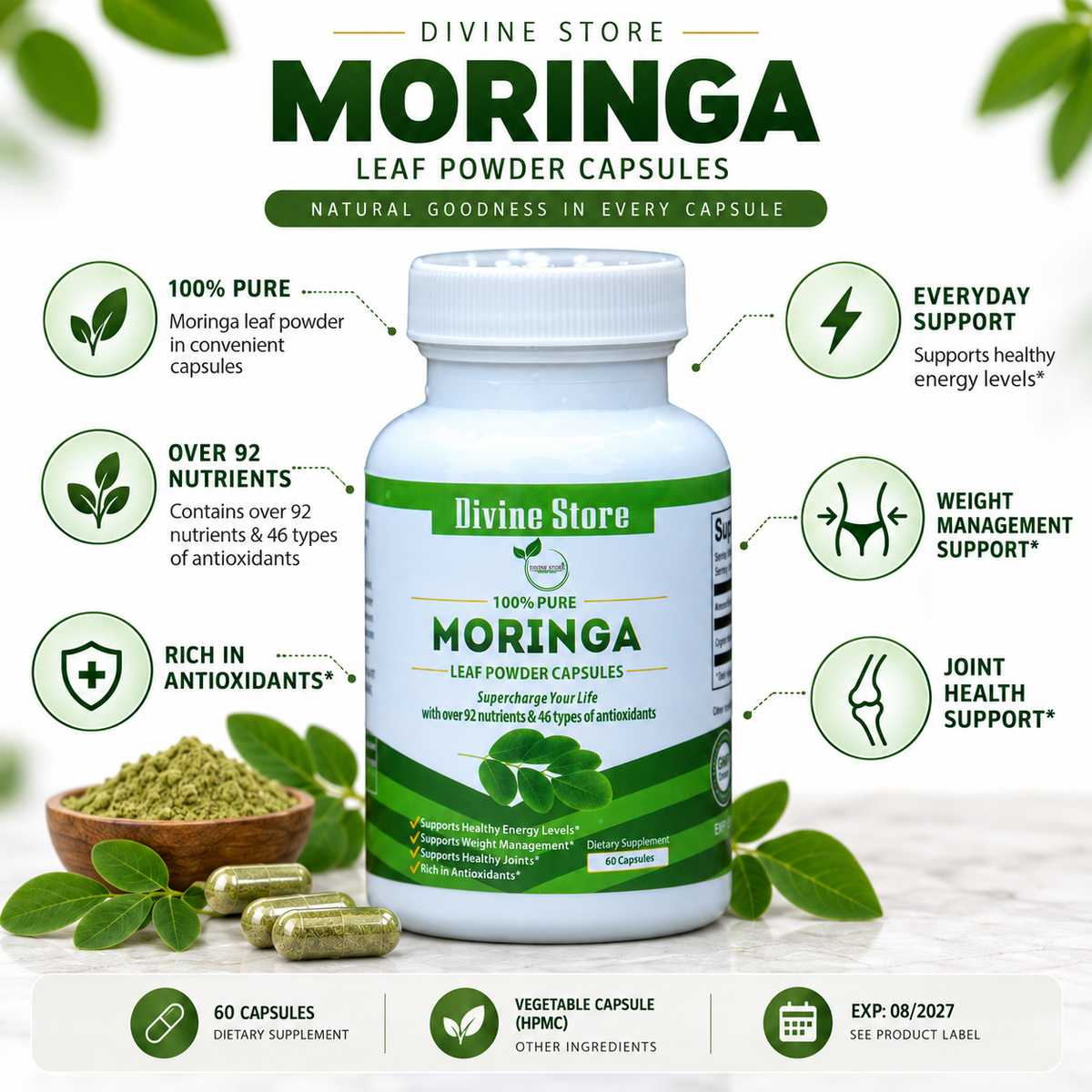 Organic Moringa Leaf Powder Capsules | 60 Capsules