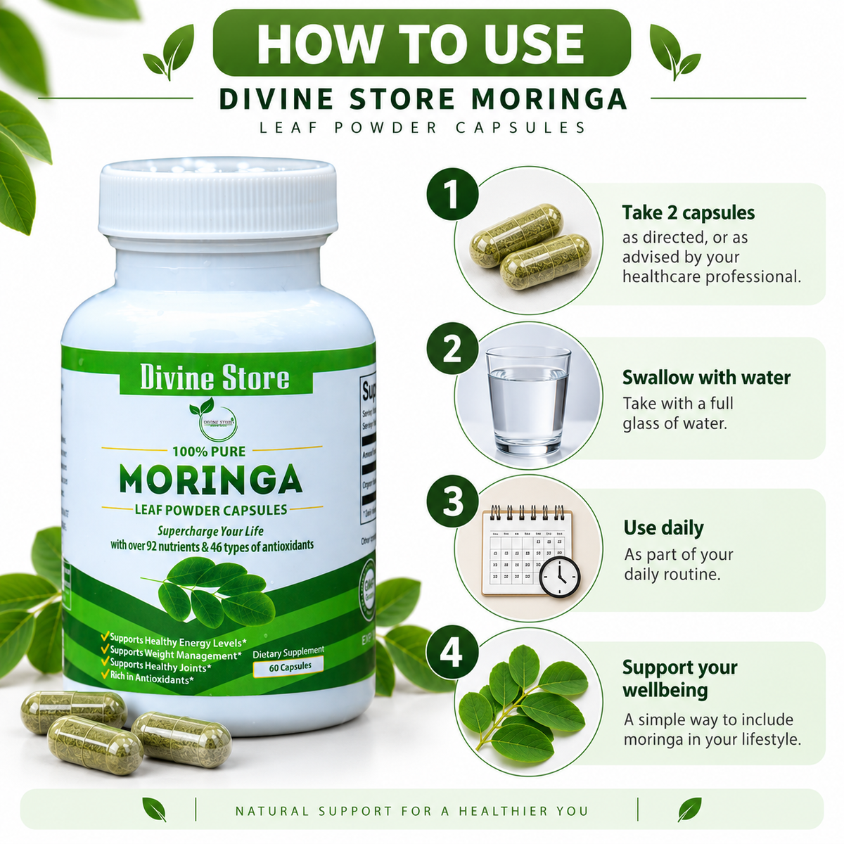 Organic Moringa Leaf Powder Capsules | 60 Capsules